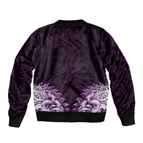 New Zealand Ta Moko Bomber Jacket Aotearoa Maori Chest Tattoo Purple