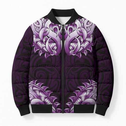 New Zealand Ta Moko Bomber Puffer Jacket Aotearoa Maori Chest Tattoo Purple