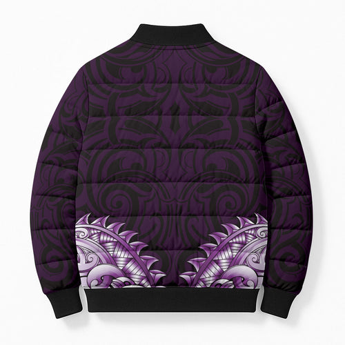 New Zealand Ta Moko Bomber Puffer Jacket Aotearoa Maori Chest Tattoo Purple
