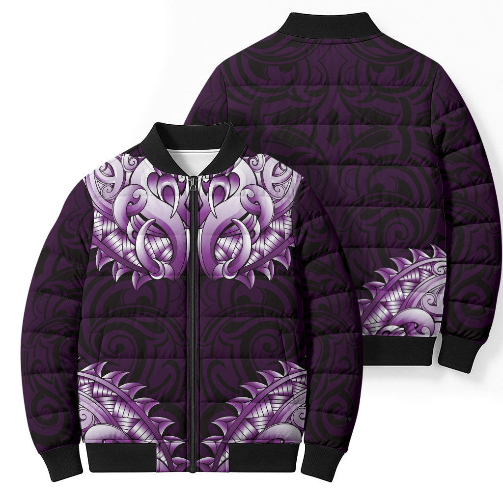 New Zealand Ta Moko Bomber Puffer Jacket Aotearoa Maori Chest Tattoo Purple