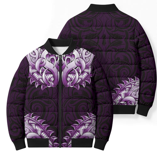 New Zealand Ta Moko Bomber Puffer Jacket Aotearoa Maori Chest Tattoo Purple