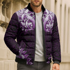 New Zealand Ta Moko Bomber Puffer Jacket Aotearoa Maori Chest Tattoo Purple