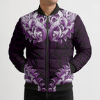 New Zealand Ta Moko Bomber Puffer Jacket Aotearoa Maori Chest Tattoo Purple