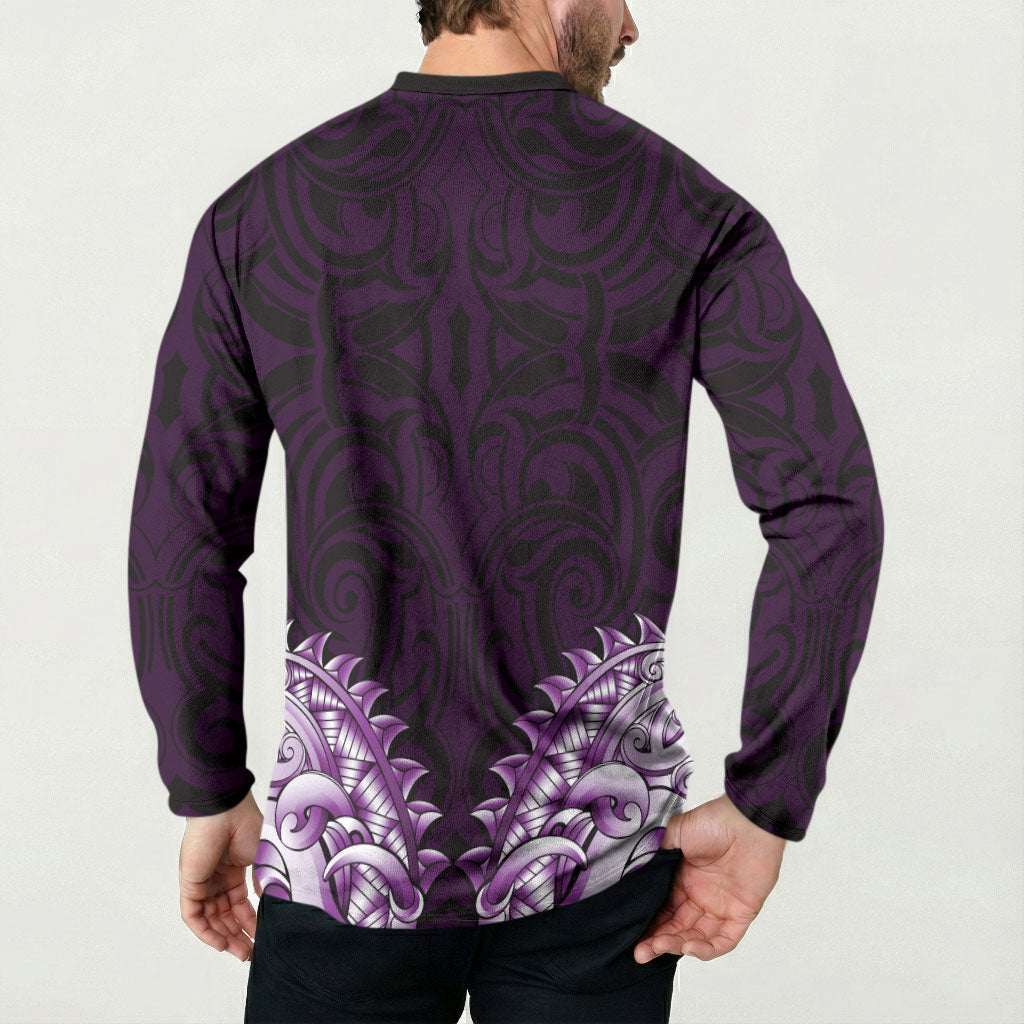 New Zealand Ta Moko Button Sweatshirt Aotearoa Maori Chest Tattoo Purple