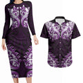 New Zealand Ta Moko Couples Matching Long Sleeve Bodycon Dress and Hawaiian Shirt Aotearoa Maori Chest Tattoo Purple