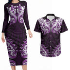 New Zealand Ta Moko Couples Matching Long Sleeve Bodycon Dress and Hawaiian Shirt Aotearoa Maori Chest Tattoo Purple