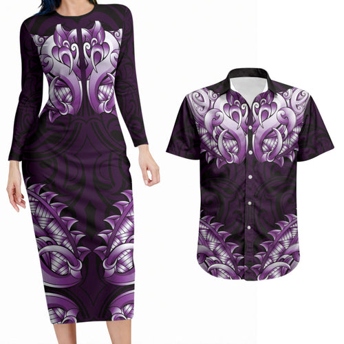 New Zealand Ta Moko Couples Matching Long Sleeve Bodycon Dress and Hawaiian Shirt Aotearoa Maori Chest Tattoo Purple