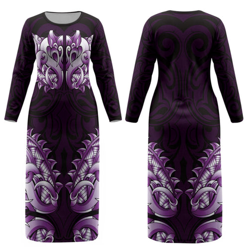 New Zealand Ta Moko Couples Matching Long Sleeve Bodycon Dress and Hawaiian Shirt Aotearoa Maori Chest Tattoo Purple
