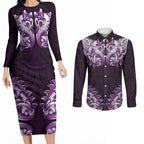 New Zealand Ta Moko Couples Matching Long Sleeve Bodycon Dress and Long Sleeve Button Shirt Aotearoa Maori Chest Tattoo Purple