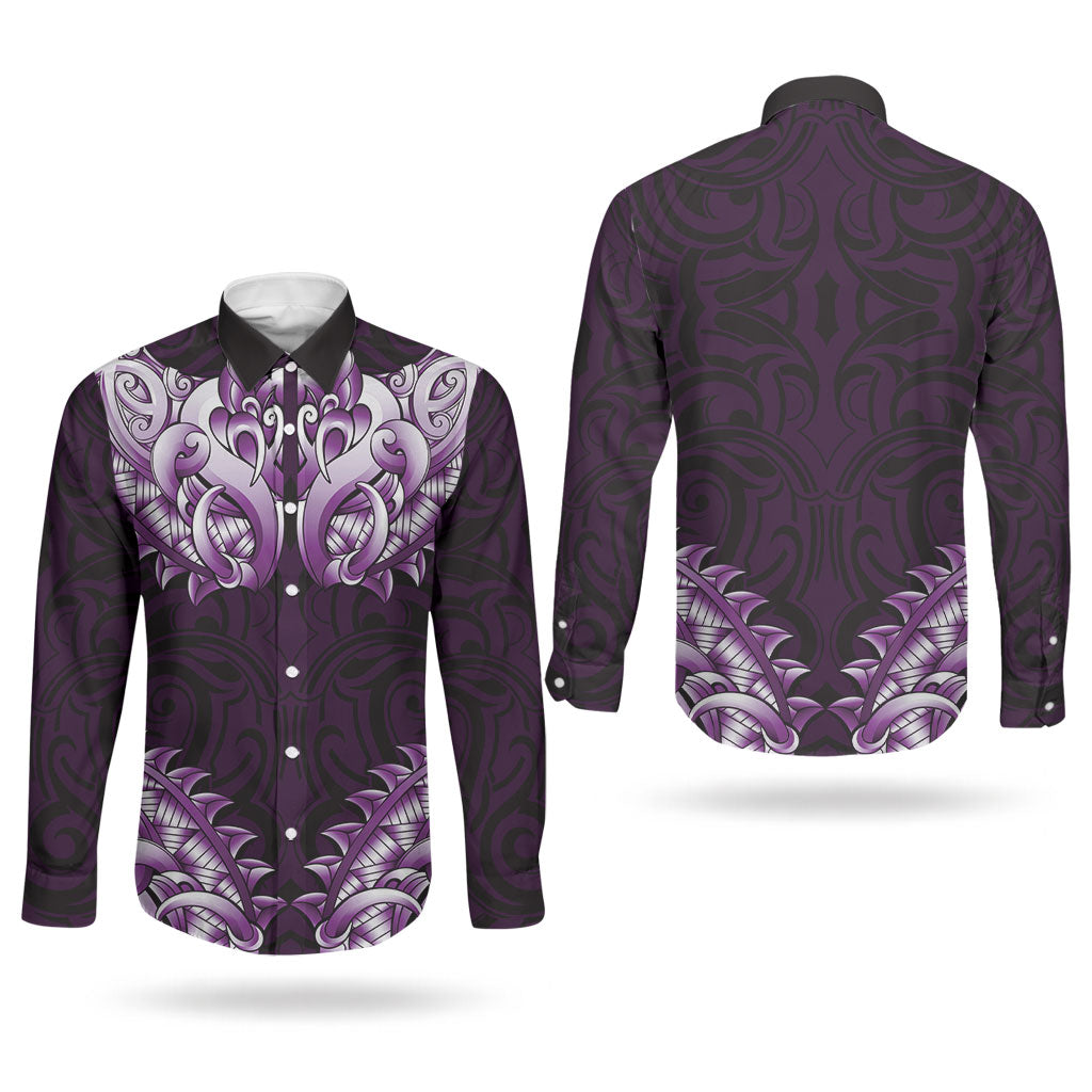 New Zealand Ta Moko Couples Matching Long Sleeve Bodycon Dress and Long Sleeve Button Shirt Aotearoa Maori Chest Tattoo Purple