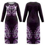 New Zealand Ta Moko Couples Matching Long Sleeve Bodycon Dress and Long Sleeve Button Shirt Aotearoa Maori Chest Tattoo Purple