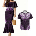 New Zealand Ta Moko Couples Matching Mermaid Dress and Hawaiian Shirt Aotearoa Maori Chest Tattoo Purple