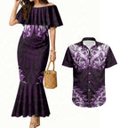 New Zealand Ta Moko Couples Matching Mermaid Dress and Hawaiian Shirt Aotearoa Maori Chest Tattoo Purple