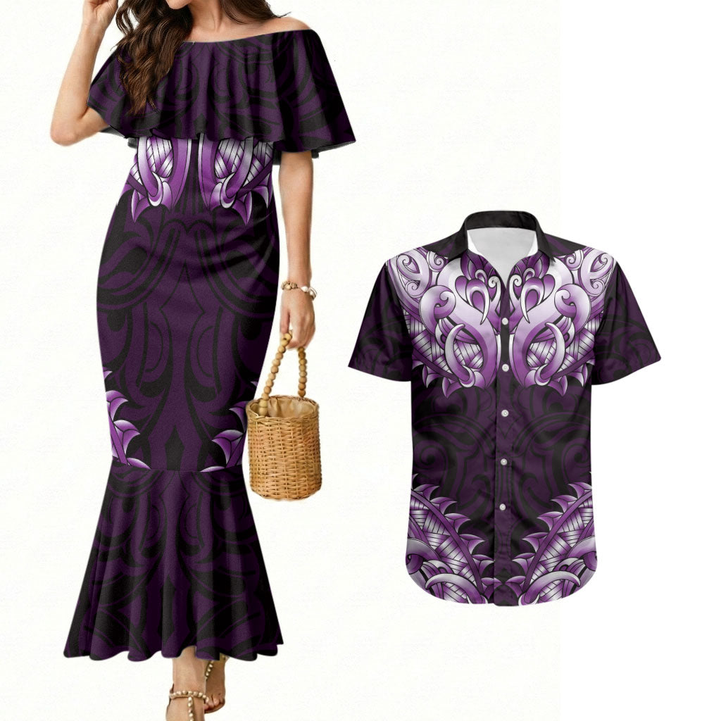 New Zealand Ta Moko Couples Matching Mermaid Dress and Hawaiian Shirt Aotearoa Maori Chest Tattoo Purple