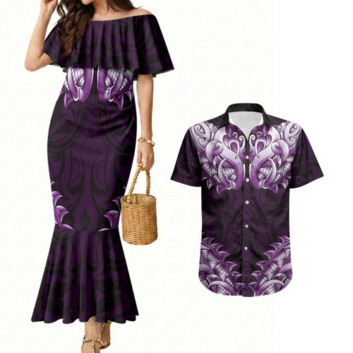 New Zealand Ta Moko Couples Matching Mermaid Dress and Hawaiian Shirt Aotearoa Maori Chest Tattoo Purple