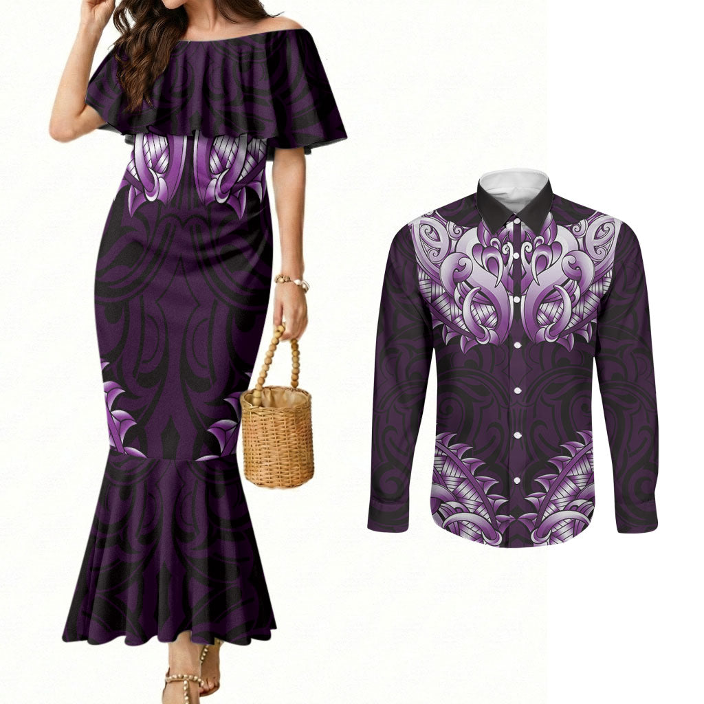 New Zealand Ta Moko Couples Matching Mermaid Dress and Long Sleeve Button Shirt Aotearoa Maori Chest Tattoo Purple