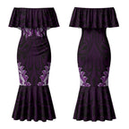 New Zealand Ta Moko Couples Matching Mermaid Dress and Long Sleeve Button Shirt Aotearoa Maori Chest Tattoo Purple