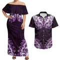 New Zealand Ta Moko Couples Matching Off Shoulder Maxi Dress and Hawaiian Shirt Aotearoa Maori Chest Tattoo Purple