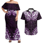 New Zealand Ta Moko Couples Matching Off Shoulder Maxi Dress and Hawaiian Shirt Aotearoa Maori Chest Tattoo Purple