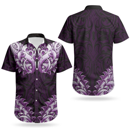New Zealand Ta Moko Couples Matching Off Shoulder Maxi Dress and Hawaiian Shirt Aotearoa Maori Chest Tattoo Purple