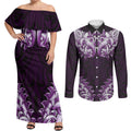 New Zealand Ta Moko Couples Matching Off Shoulder Maxi Dress and Long Sleeve Button Shirt Aotearoa Maori Chest Tattoo Purple