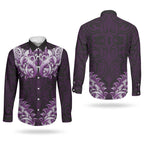 New Zealand Ta Moko Couples Matching Off Shoulder Maxi Dress and Long Sleeve Button Shirt Aotearoa Maori Chest Tattoo Purple