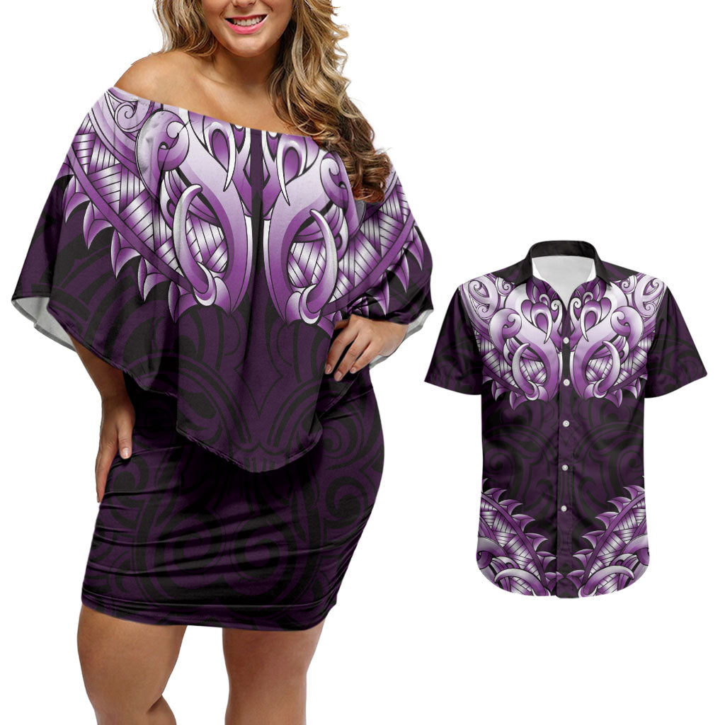New Zealand Ta Moko Couples Matching Off Shoulder Short Dress and Hawaiian Shirt Aotearoa Maori Chest Tattoo Purple
