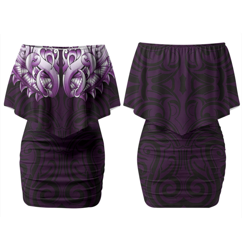 New Zealand Ta Moko Couples Matching Off Shoulder Short Dress and Hawaiian Shirt Aotearoa Maori Chest Tattoo Purple