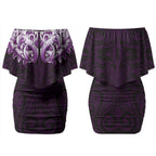 New Zealand Ta Moko Couples Matching Off Shoulder Short Dress and Long Sleeve Button Shirt Aotearoa Maori Chest Tattoo Purple
