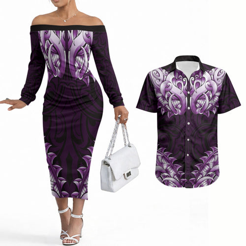New Zealand Ta Moko Couples Matching Off The Shoulder Long Sleeve Dress and Hawaiian Shirt Aotearoa Maori Chest Tattoo Purple
