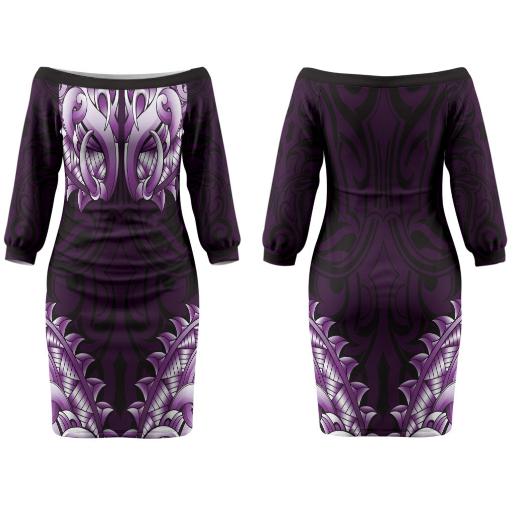 New Zealand Ta Moko Couples Matching Off The Shoulder Long Sleeve Dress and Hawaiian Shirt Aotearoa Maori Chest Tattoo Purple