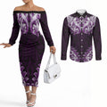 New Zealand Ta Moko Couples Matching Off The Shoulder Long Sleeve Dress and Long Sleeve Button Shirt Aotearoa Maori Chest Tattoo Purple