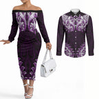 New Zealand Ta Moko Couples Matching Off The Shoulder Long Sleeve Dress and Long Sleeve Button Shirt Aotearoa Maori Chest Tattoo Purple