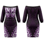 New Zealand Ta Moko Couples Matching Off The Shoulder Long Sleeve Dress and Long Sleeve Button Shirt Aotearoa Maori Chest Tattoo Purple