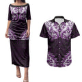 New Zealand Ta Moko Couples Matching Puletasi and Hawaiian Shirt Aotearoa Maori Chest Tattoo Purple
