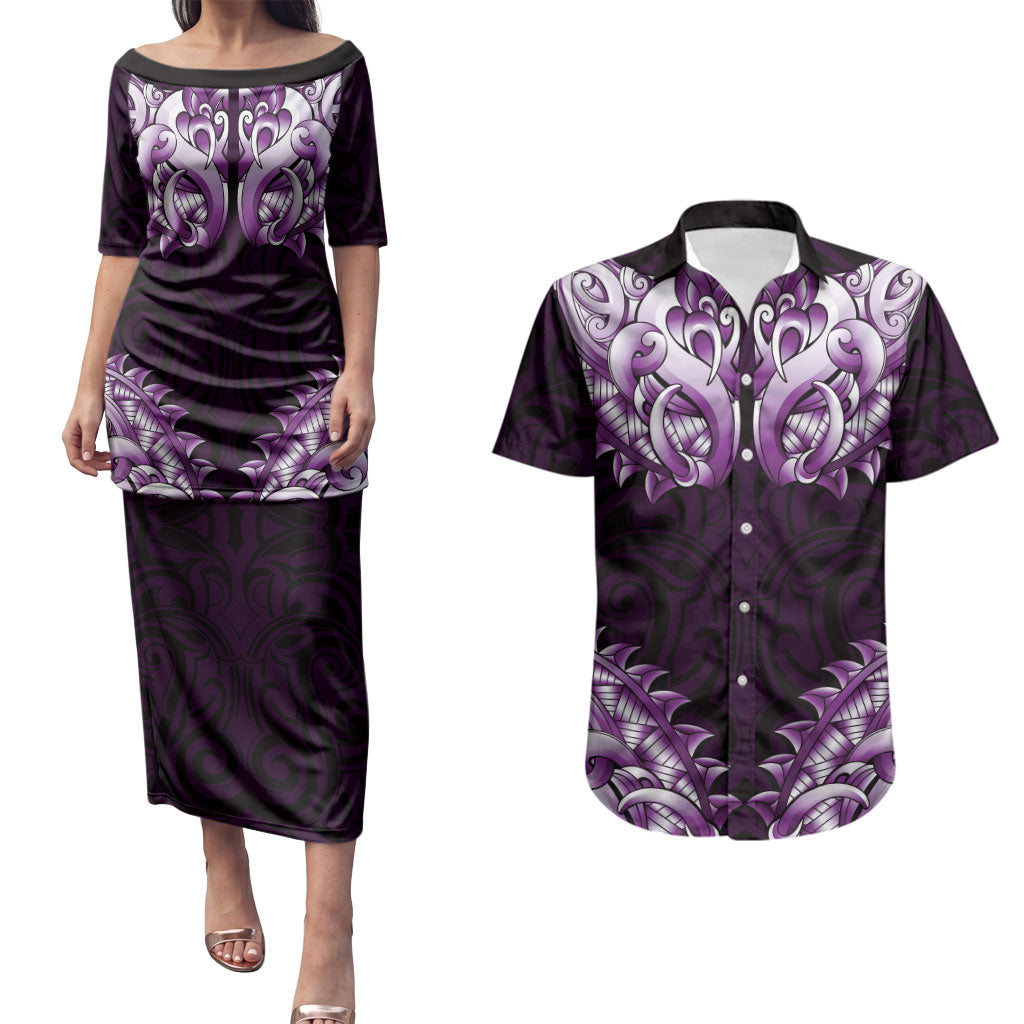New Zealand Ta Moko Couples Matching Puletasi and Hawaiian Shirt Aotearoa Maori Chest Tattoo Purple