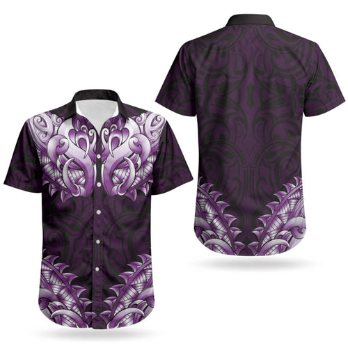 New Zealand Ta Moko Couples Matching Puletasi and Hawaiian Shirt Aotearoa Maori Chest Tattoo Purple