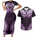 New Zealand Ta Moko Couples Matching Short Sleeve Bodycon Dress and Hawaiian Shirt Aotearoa Maori Chest Tattoo Purple