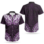 New Zealand Ta Moko Couples Matching Short Sleeve Bodycon Dress and Hawaiian Shirt Aotearoa Maori Chest Tattoo Purple