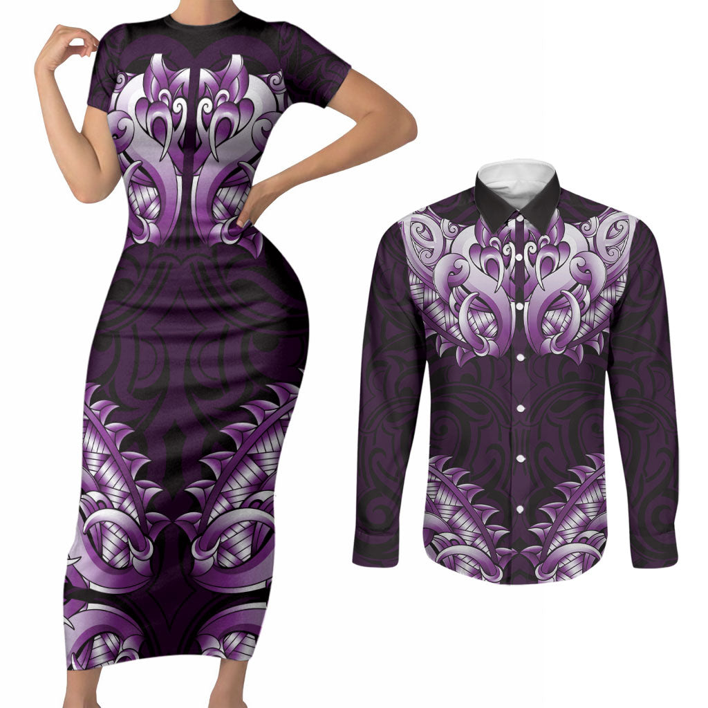 New Zealand Ta Moko Couples Matching Short Sleeve Bodycon Dress and Long Sleeve Button Shirt Aotearoa Maori Chest Tattoo Purple