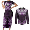 New Zealand Ta Moko Couples Matching Short Sleeve Bodycon Dress and Long Sleeve Button Shirt Aotearoa Maori Chest Tattoo Purple