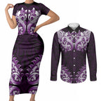 New Zealand Ta Moko Couples Matching Short Sleeve Bodycon Dress and Long Sleeve Button Shirt Aotearoa Maori Chest Tattoo Purple