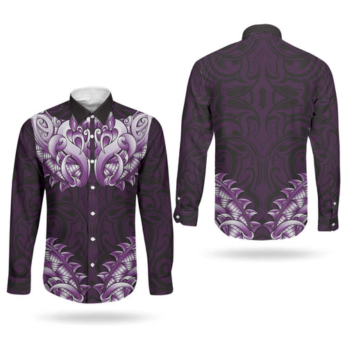 New Zealand Ta Moko Couples Matching Short Sleeve Bodycon Dress and Long Sleeve Button Shirt Aotearoa Maori Chest Tattoo Purple
