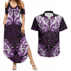 New Zealand Ta Moko Couples Matching Summer Maxi Dress and Hawaiian Shirt Aotearoa Maori Chest Tattoo Purple