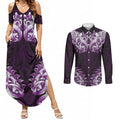 New Zealand Ta Moko Couples Matching Summer Maxi Dress and Long Sleeve Button Shirt Aotearoa Maori Chest Tattoo Purple