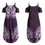 New Zealand Ta Moko Couples Matching Summer Maxi Dress and Long Sleeve Button Shirt Aotearoa Maori Chest Tattoo Purple