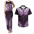 New Zealand Ta Moko Couples Matching Tank Maxi Dress and Hawaiian Shirt Aotearoa Maori Chest Tattoo Purple