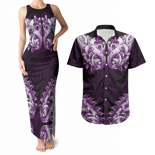 New Zealand Ta Moko Couples Matching Tank Maxi Dress and Hawaiian Shirt Aotearoa Maori Chest Tattoo Purple