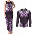 New Zealand Ta Moko Couples Matching Tank Maxi Dress and Long Sleeve Button Shirt Aotearoa Maori Chest Tattoo Purple