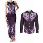New Zealand Ta Moko Couples Matching Tank Maxi Dress and Long Sleeve Button Shirt Aotearoa Maori Chest Tattoo Purple